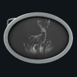 Deer with antlers framed by field and tree Nature Belt Buckle<br><div class="desc">In this black and white drawing, a majestic deer with antlers is depicted standing in the middle of a peaceful and serene natural setting. The deer is drawn with intricate details and a realistic approach, capturing the essence of its wild beauty. The antlers of the deer are prominently showcased, with...</div>