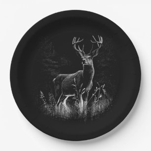 Deer with antlers framed by field and tree paper plates
