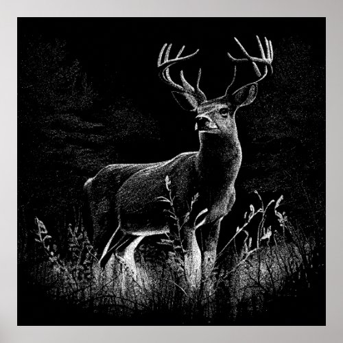 Deer with antlers framed by field and tree   poster
