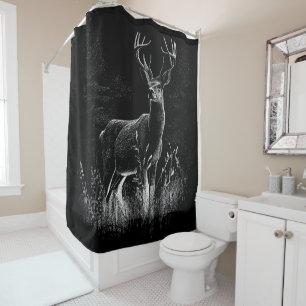 Deer with antlers framed by field and tree shower curtain