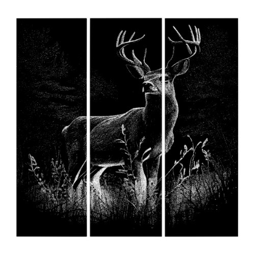 Deer with antlers framed by field and tree  triptych