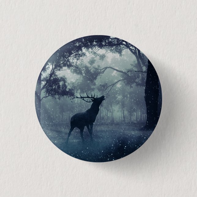 Deer with Antlers in a Shadowy Forest Button (Front)