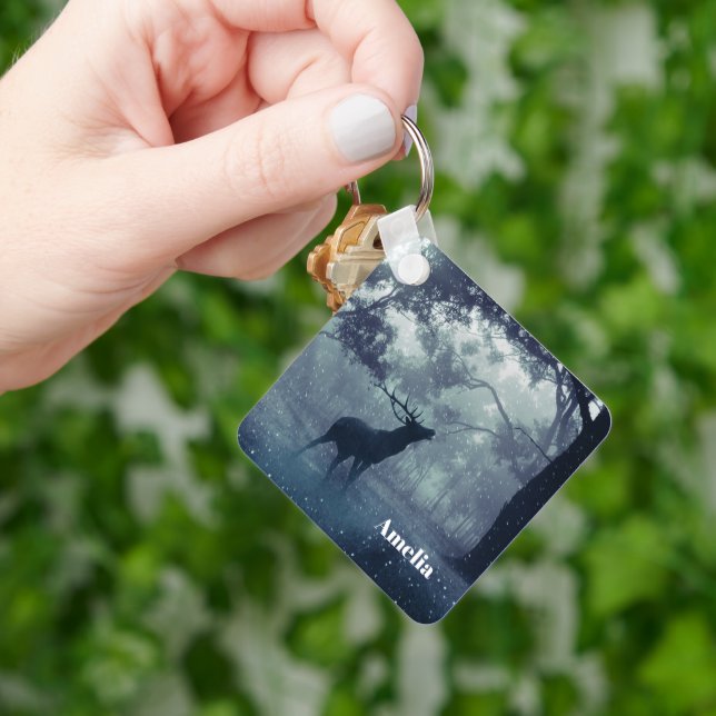 Deer with Antlers in a Shadowy Forest Keychain (Hand)