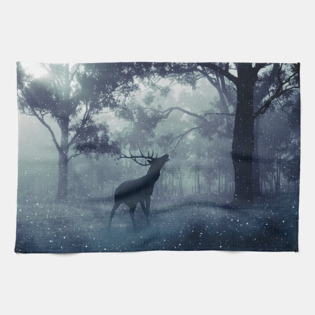 Deer with Antlers in a Shadowy Forest Kitchen Towel (Horizontal)
