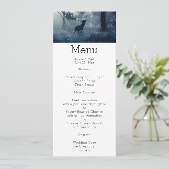 Deer with Antlers in a Shadowy Forest Menu Invitation (Standing Front)