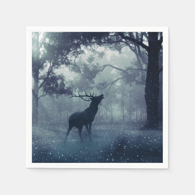 Deer with Antlers in a Shadowy Forest Napkins (Front)