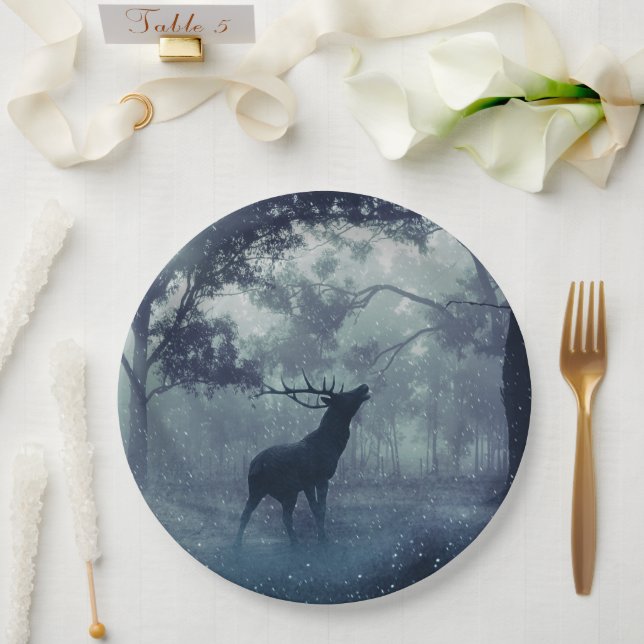 Deer with Antlers in a Shadowy Forest Paper Plates (Wedding)