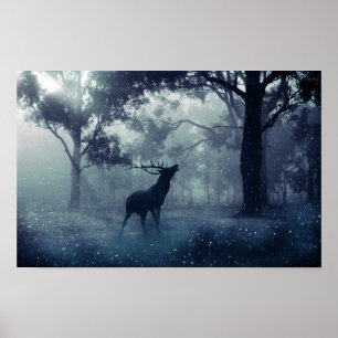 Deer with Antlers in a Shadowy Forest Poster