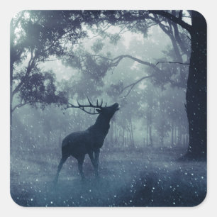 Deer with Antlers in a Shadowy Forest Square Sticker