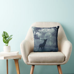 Deer with Antlers in a Shadowy Forest Throw Pillow