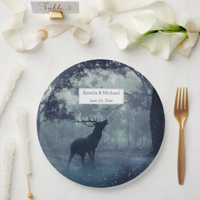 Deer with Antlers in a Shadowy Forest - Wedding Paper Plates (Wedding)