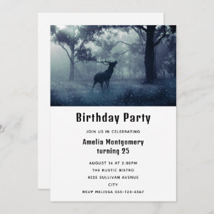 Deer with Antlers in Shadowy Forest Birthday Invitation