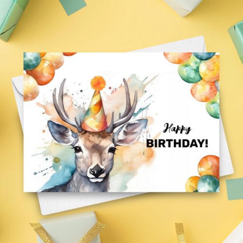 Deer with Balloons and Party Hat Happy Birthday Card