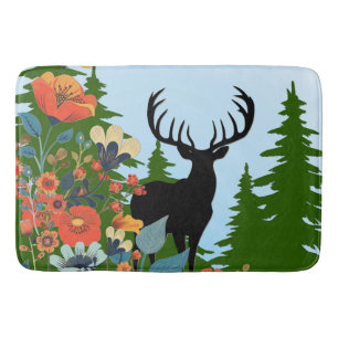 Deer with Big Rack Out of Forest Blue Sky Bath Mat