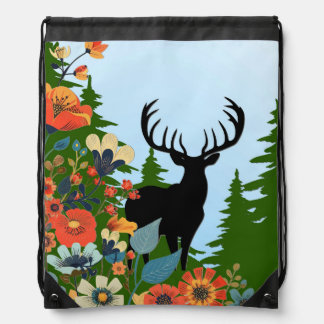 Deer with Big Rack Out of Forest Blue Sky Drawstring Bag