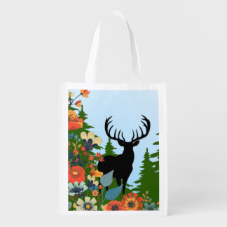 Deer with Big Rack Out of Forest Blue Sky  Grocery Bag