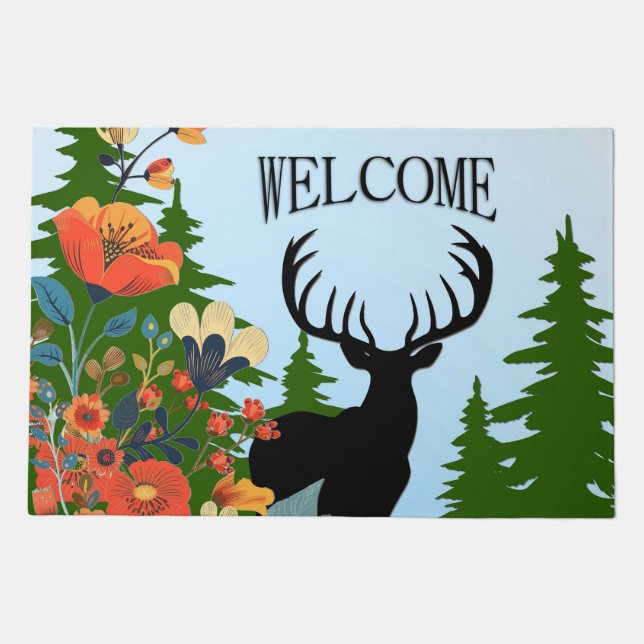 Deer with Big Rack Out of Forest Blue Sky Welcome Doormat (Front)