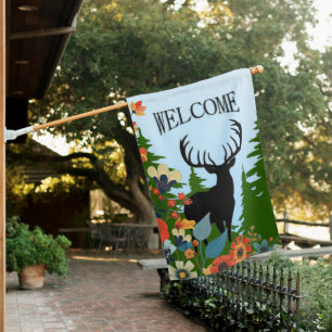 Deer with Big Rack Out of Forest Blue Sky Welcome House Flag