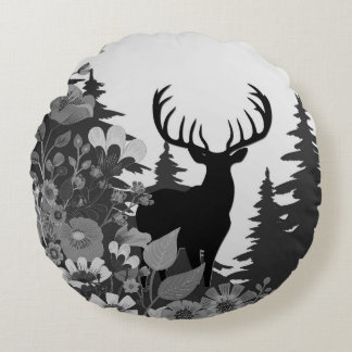 Deer with Big Rack Out of Forest  Round Pillow