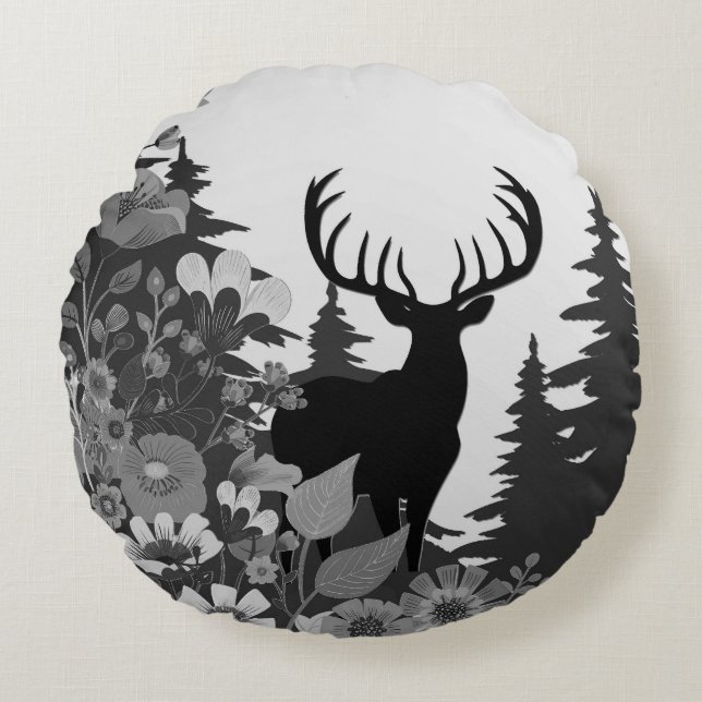 Deer with Big Rack Out of Forest  Round Pillow (Front)