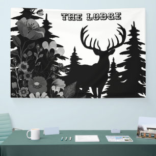 Deer with Big Rack Out of Forest The Lodge Custom Banner