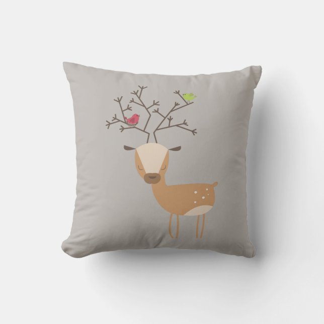 Deer with Birds Throw Pillow (Front)
