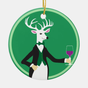 Deer with Champagne Toast Ceramic Ornament