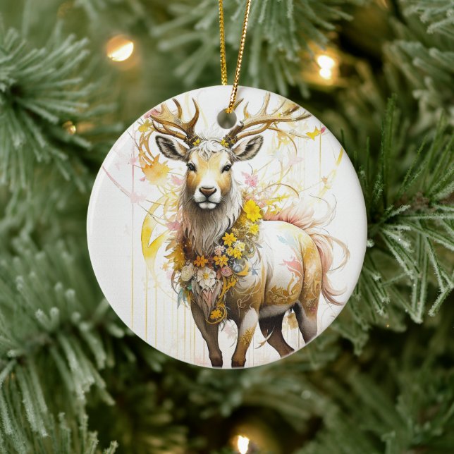 Deer with floral neckless Fantasy style in pink  Ceramic Ornament (Tree)