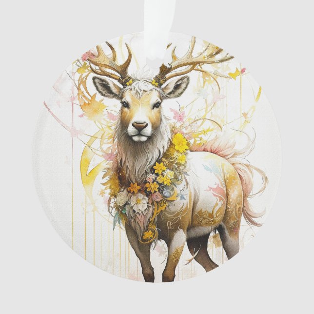 Deer with floral neckless Fantasy style in pink  Ornament (Front)