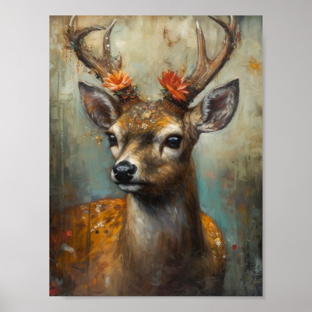 Deer with Flowers on Antlers Poster (Front)