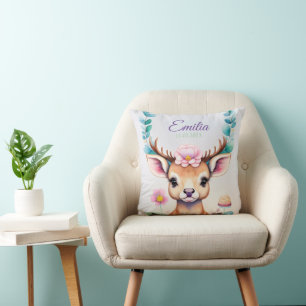 Deer with Flowers - Watercolor Kids Motif Throw Pillow