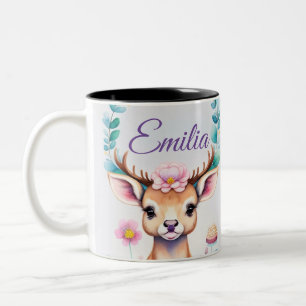 Deer with Flowers - Watercolor Kids Motif Two-Tone Coffee Mug