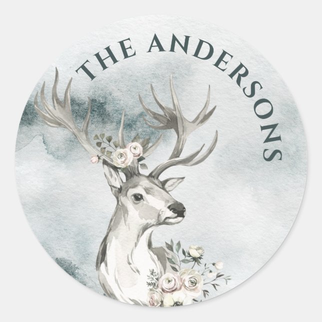 Deer with Flowers Watercolor Small Round Labels (Front)