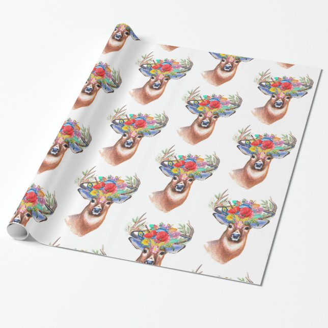 Deer With Flowers Wrapping Paper (Unrolled)