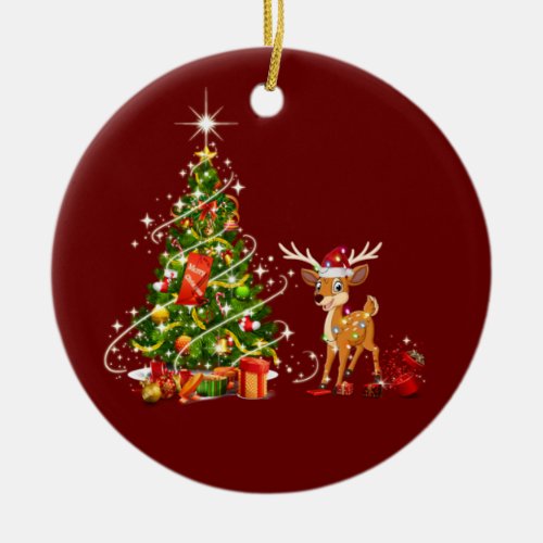 Deer With Hat Scaft Christmas Ceramic Ornament
