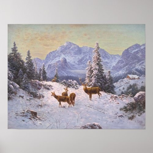 Deer with herd in winter poster