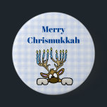 Deer with Menorah Antlers Chrismukkah Button<br><div class="desc">Here's a fun button to wear during the holiday season at work, at home or at a family gathering. It features my reindeer with antlers like a Menorah. Underneath it reads "Merry Chrismukkah." You can change or remove that text if you want this button for a different purpose. I'm selling...</div>