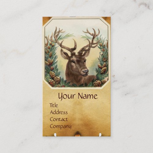 DEER WITH PINE CONES CROWN MONOGRAM PARCHMENT BUSINESS CARD