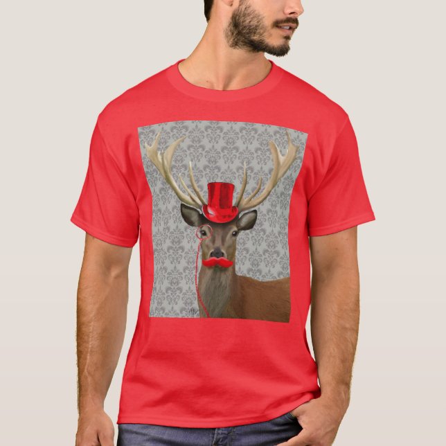 Deer With Red Hat and Moustache T-Shirt (Front)