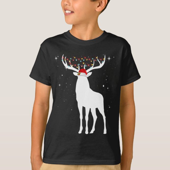 Deer With Santa Hat Lights Christmas Pajama Huntin T-Shirt (Front)