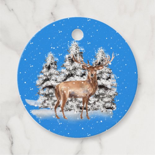 Deer with Snow_Covered Trees and Snowfall Favor Tags