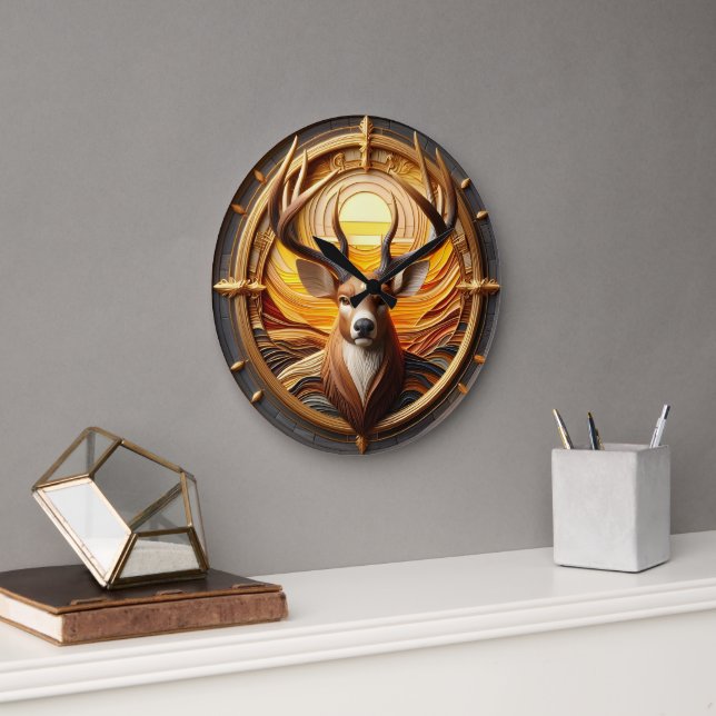 Deer With Sun  Large Clock (Office)