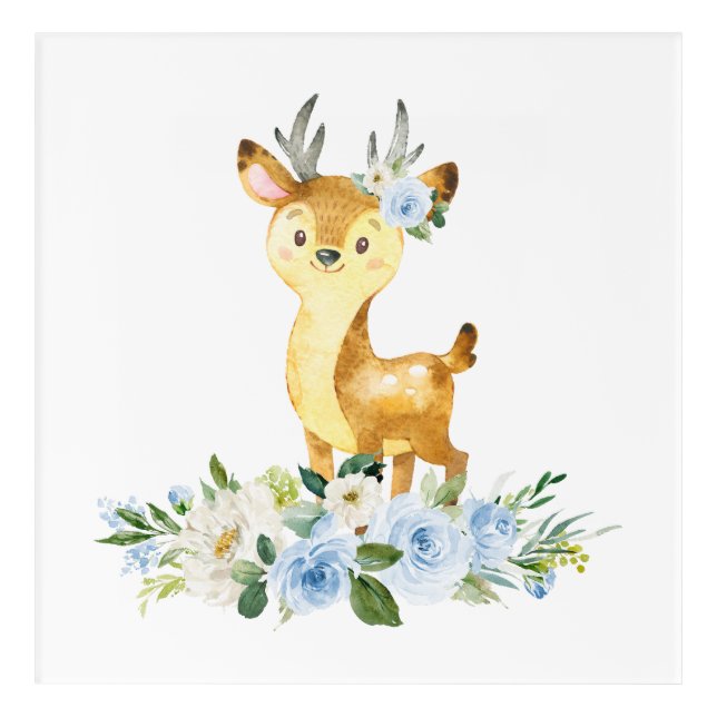 Deer, Woodland Animals, Boho, Blue Flowers Acrylic Print (Front)