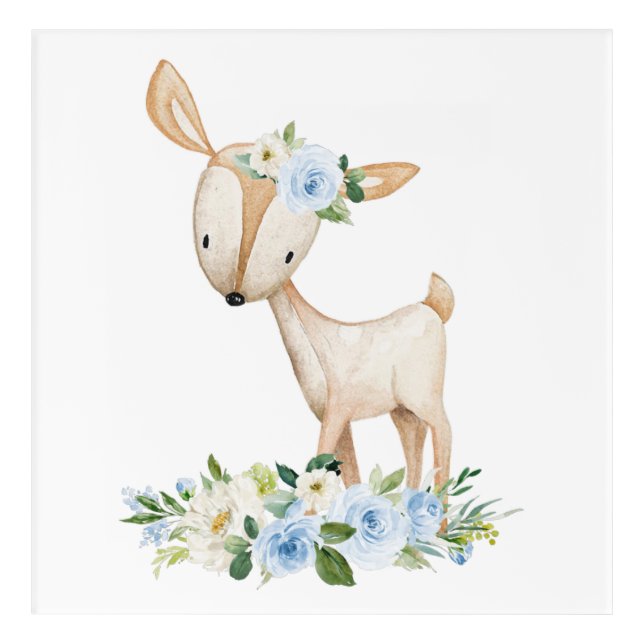 Deer, Woodland Animals, Boho, Blue Flowers Acrylic Print (Front)