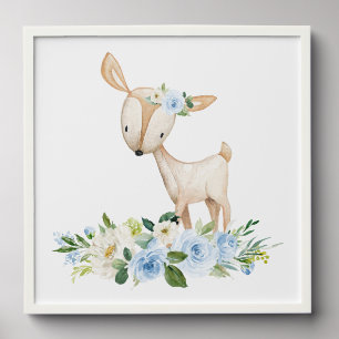 Deer, Woodland Animals, Boho, Blue Flowers Peel And Stick Photo Tile