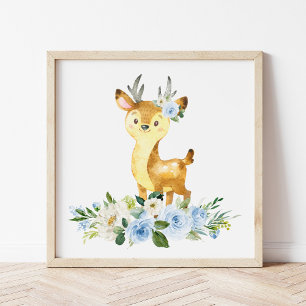 Deer, Woodland Animals, Boho, Blue Flowers Photo Print