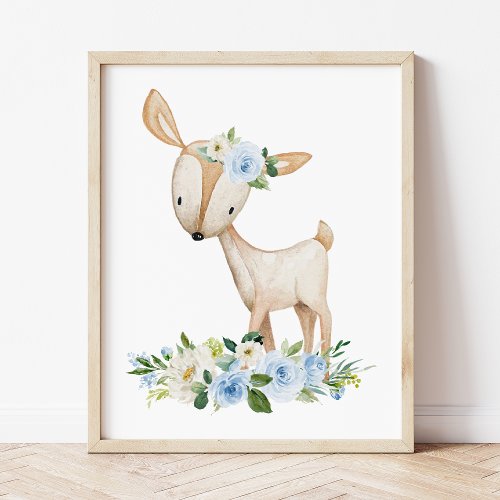 Deer Woodland Animals Boho Blue Flowers Poster