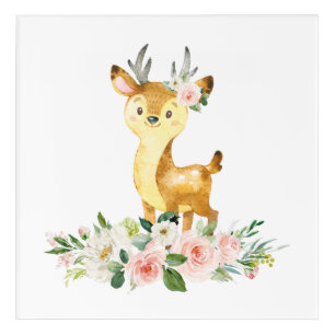 Deer, Woodland Animals, Boho, Pink Flowers Acrylic Print