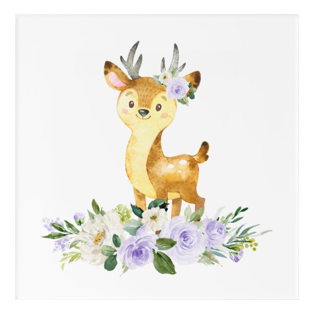Deer, Woodland Animals, Boho, Purple Flowers Acrylic Print (Front)