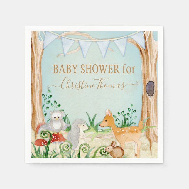Deer Woodland Animals Hedgehog Owl Boy Baby Shower Napkins (Front)